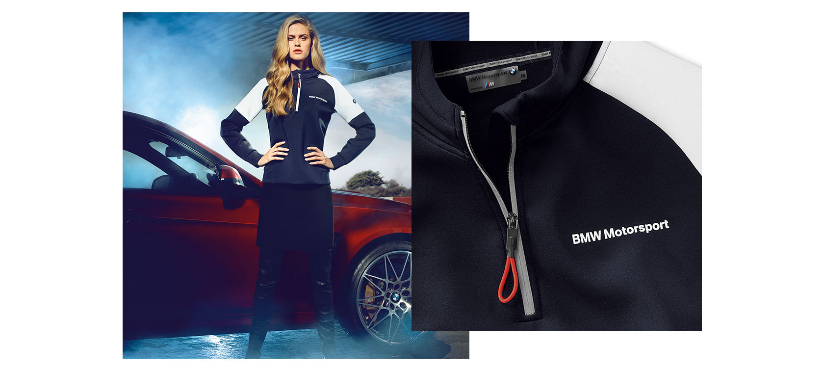 Vrouw in een hoody uit de BMW Motorsport Collection. Vrouw in een hoody uit de BMW Motorsport Collection.